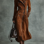 Women's Suede Trim Double-breasted Lapel Long Coat