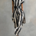 Women's High Collar Chiffon Short Sleeve Belt Maxi Dress