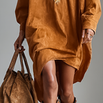 Women's Suede Loose Lapel V-neck Embroidered Long-sleeved Midi Dress