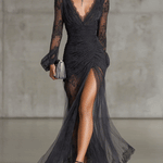 Quintina | Long black dress with deep V-neck and dramatic slit
