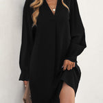 Notch Neck Solid Tunic Dress V-Neck Puff Sleeve Mini Tunic Dress