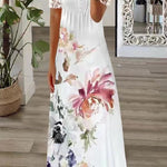 Boho Floral V Neck Button Lace Sleeve Holiday Beach Maxi Dress