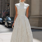 Vintage Polka Dot Mock Neck Cap-Sleeve Midi Dress