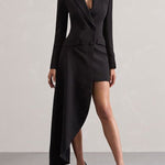 Long Sleeves Asymmetric Buttoned Pockets Solid Color Notched Collar Blazer Maxi Dress