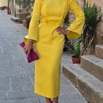 Flared Sleeves High Waisted Buttoned Solid Color Mock Neck Midi Dresses