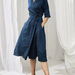 Mid-sleeve Tie Lapel Large Swing Dress Solid Color Casual Dress