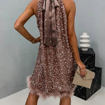 It's Time To Dance Sequin Feather Trim Halter Babydoll Mini Dress