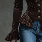 Fashion Retro Cocoa Brown Velvet V-Neck Ruffled Long-Sleeved Shirt