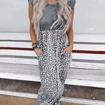 Nadorine Women's Black Leopard Stitching Long Dress Summer Waist Slimming Maxi Dress