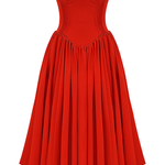 Strapless Corset Pleated Hem Prom Party Midi Dresses-Red