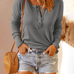 Nadorine Casual Long Sleeve T-Shirt Button Up V Neck Ribbed Knit Tunic Top
