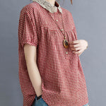 Cotton Blend Plaid Polo Puff Sleeve T-Shirts Tops