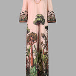 Flared Sleeves Loose Leaves Print V-Neck Maxi Dresses