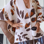 Fashionable Leopard Print Contrast Tassel Hem Loose Knitted Shawl