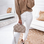 Brown Braided Notched V Neckline Puff Sleeve Knitted Sweater