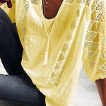 Cotton Linen Blend Patchwork Hollow Out Tassel Blouse