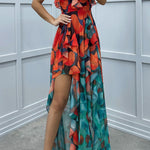 Loving Moment Gradient Unique Print Flowing Layered Ruffles Strapless Slit Maxi Dress