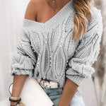 Sexy Twist V-neck Beads Long-sleeved Knit Sweater
