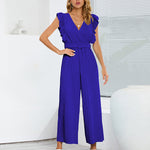 Nadorine Women's Casual Loose Jumpsuit V Neck Sleeveless Solid Ruffle Pleated Wide-leg Long Playsuit with Belt