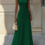 Sleeveless Gauze Pleated Solid Color Split-Joint Boat Neck Evening Dresses Maxi Dresses
