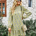 Long Sleeve Dress Boho Floral Ruffle High Neck Mini Dress Casual Loose Pleated Flowy Dresses