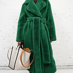 Women Warm Thick Coat With Belt Fax Fur  Long Coat