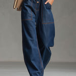 Casual Retro Multi-pocket Topstitching Dark Blue Denim Sleeveless Balloon Jumpsuit