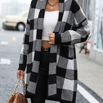 Plaid Dropped Shoulder Cardigan with Pocket