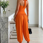 Women's Gold Decor Halter Tie Jumpsuit Sexy Backless Ruched Lantern Overalls Casual Vacation Jumpsuit
