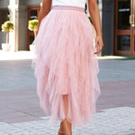 Fashionable solid color puffy mesh high waist slimming skirt