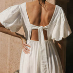 Puff Sleeve Deep V-Neck Open Back Tie Elegant Long Dress