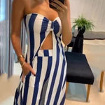Striped Print Off-Shoulder Long Casual Top and Loose Pocket Straight Pants Set