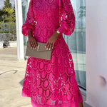 Romantic, Sensual and Elegant Crochet Lace Lantern Sleeve Party Midi Dress