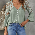 Nadorine Lace Boho Blouses Crochet Flowy Bell Sleeve Button Down Casual T Shirts