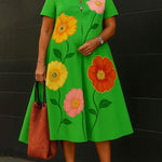 A-Line Loose Flower Print V-Neck Midi Dresses