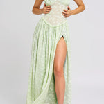 Ulissa Light Green Square Neck Jacquard Textured High Slit Maxi Dress