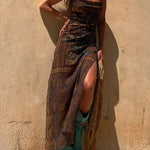 Gypsy Style Unique Print Cowl Neck Back Lace-up Slit Midi Dress