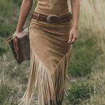 Retro Western-style Light Brown Sleeveless Tassel Midi Dress