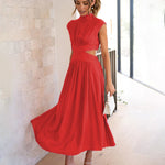 Stand Collar Solid Color Hollow Waist Long Dress