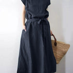 Long Maxi Crew Neck Dress with Belt High Waist with Pockets Conton Dress