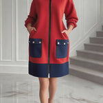 Long Sleeves Loose Contrast Color Pockets Split-Joint Zipper Round-Neck Midi Dresses