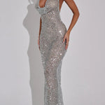 Shine All Night Sheer Sequin Cowl Neck Halter Maxi Dress