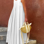 Loose Sleeveless Pleated Solid Color Round-Neck Maxi Dresses