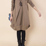 A-line Long Sleeves Pleated Solid Color Round-neck Dresses Maxi Dresses