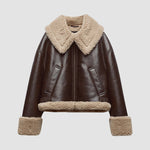 Insulated Faux Leather Jacket with Lapel Collar and Fur Sleeves