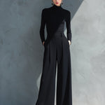 Women's Black Classic Knit Turtleneck Wide - Leg Jumpsuit