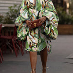Long Sleeves Loose Buttoned Elasticity Printed Lapel Midi Dresses Shirt Dress