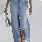 Western Retro Light Blue Denim Sleeveless Raw Edge Wide Leg Zipper Jumpsuit