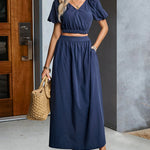 Two Piece Outfits Casual Lounge Sets Ruffle Sleeve Crop Tops and Long Skirts Suits