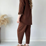 Simple Casual Two-Piece Set with Fleece Inside Lapel-Neck Shirt+Wide-leg Pants